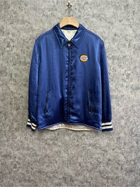 Gucci Blue Satin Bomber Jacket with Striped Cuffs